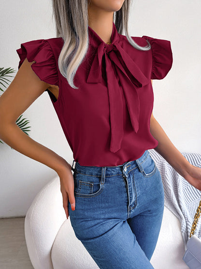 flowersverse Solid Color Cap Sleeve Round-neck Blouses&shirts Tops