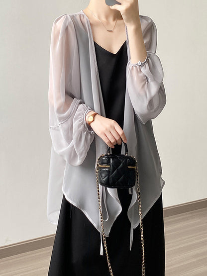 flowersverse Bishop Sleeve Long Sleeves See-Through Split-Joint Tied Collarless Blouses&Shirts Tops