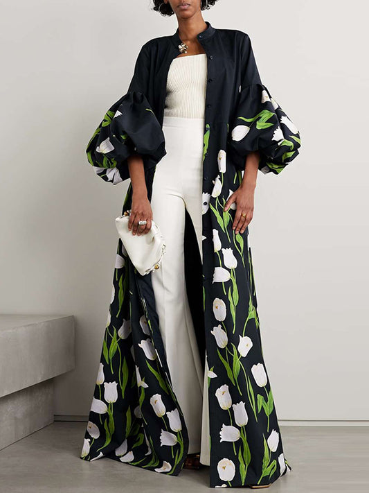 flowersverse Long Sleeves Loose Floral Floral Printed Pleated Split-Joint Stand Collar Trench Coats