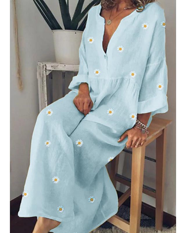 flowersverse Women's A-Line Dress Maxi Long Dress Long Sleeve Floral Spring Summer Cotton Yellow Green Light Blue M