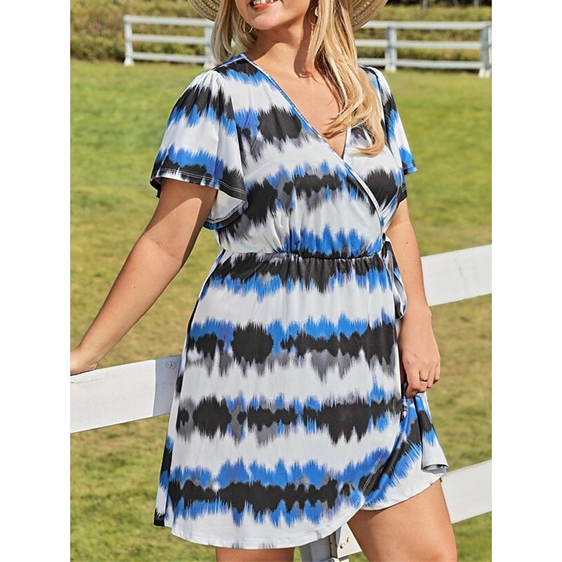 flowersverse Women's Plus Size Casual Dress Wrap Dress A Line Dress Tie Dye Mini Dress Short Sleeve Print V Neck Fashion Daily Blue Summer Spring L XL XXL 3XL 4XL