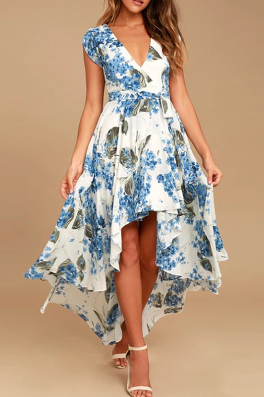 flowersverse Elegant Floral Frenulum With Belt Irregular Dress Dresses