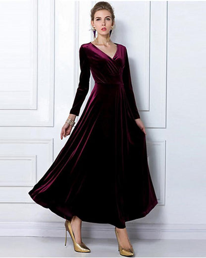 flowersverse Women's Sheath Dress Maxi Long Dress Black Purple Wine Green Royal Blue Long Sleeve Solid Colored V Neck Hot Velvet / Plus Size