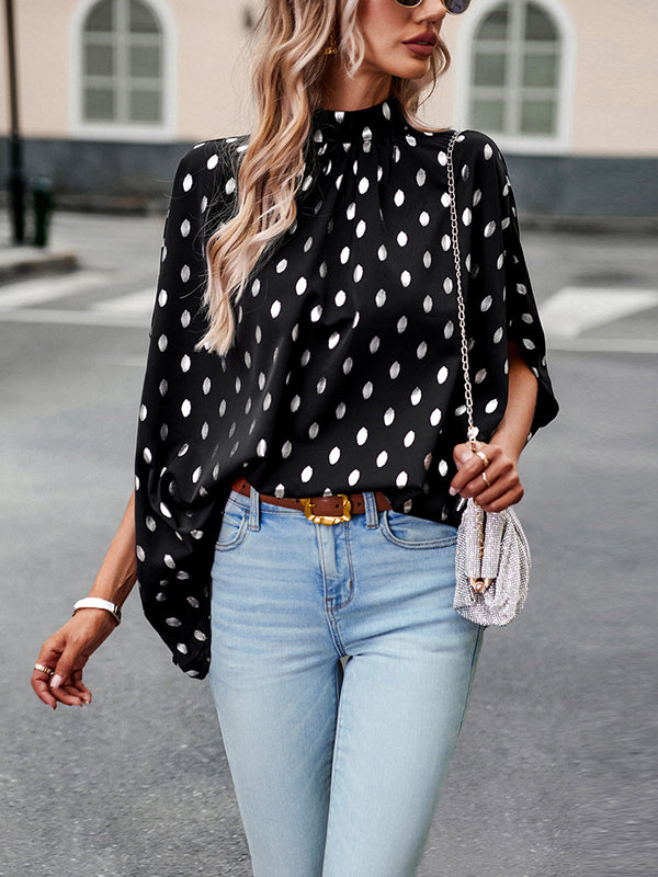 flowersverse Bandage Polka Dot Loose Round-Neck Blouses&Shirts Tops