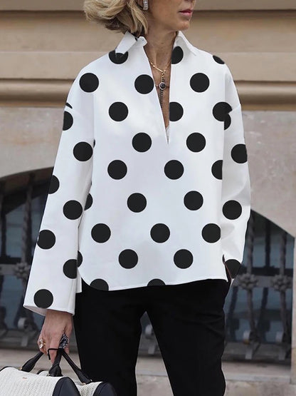 flowersverse Long Sleeves Loose Polka-Dot Lapel Collar Blouses&Shirts Tops