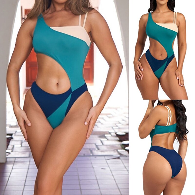 flowersverse Women's Swimwear One Piece Normal Swimsuit Cut Out Printing Color Block Blue Bathing Suits Sports Summer