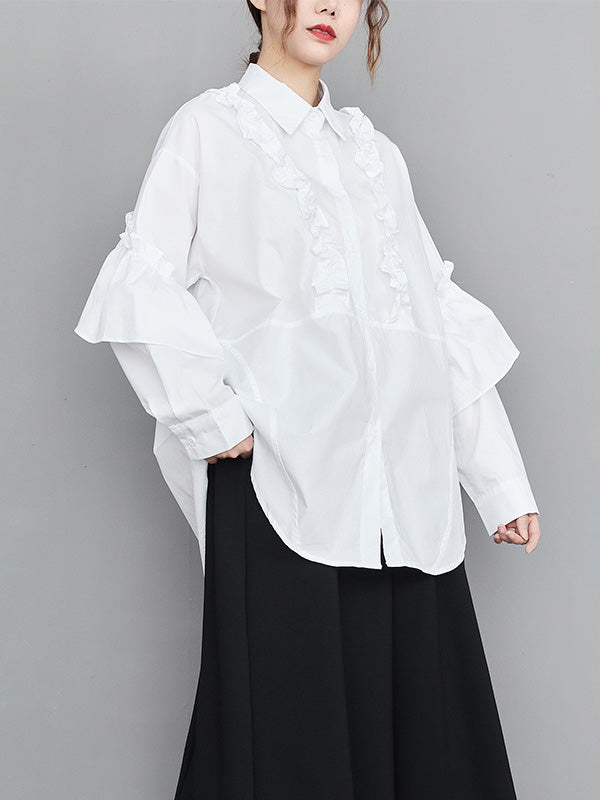 flowersverse Casual Loose Long Sleeves Buttoned Ruffled Solid Color Lapel Collar Blouses&Shirts Tops