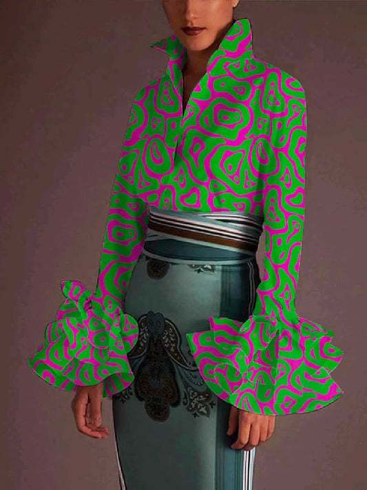 flowersverse Fashion Falbala Flared Sleeves Printed Lapel Collar Blouses&Shirts Tops