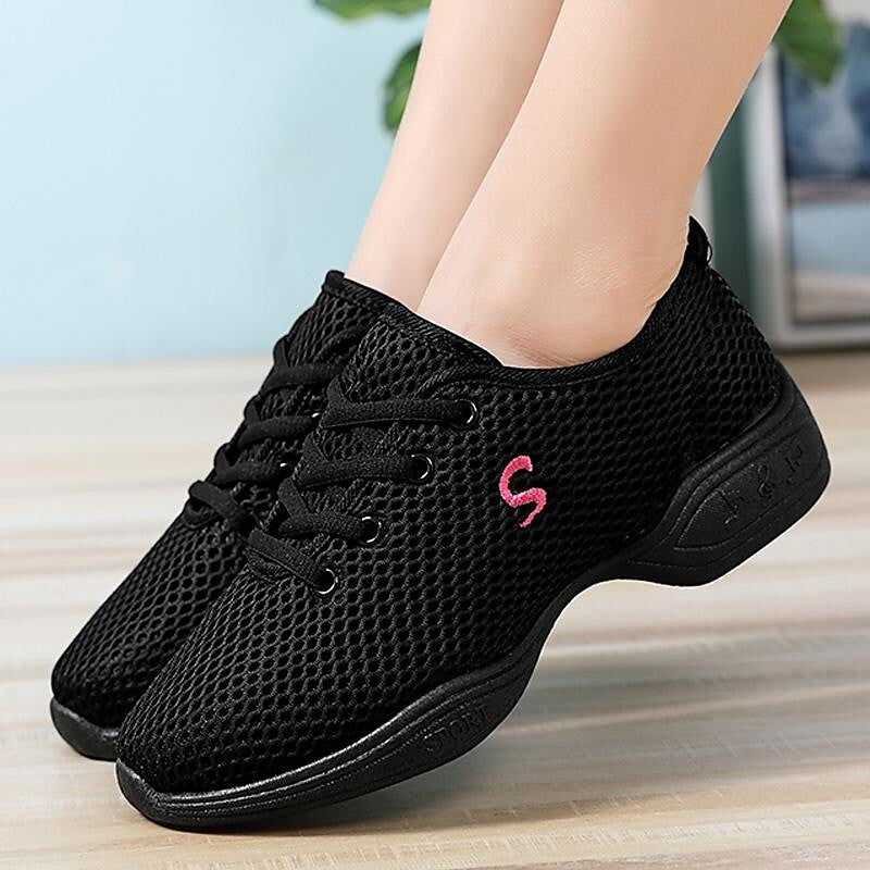 flowersverse Women's Dance Sneakers Hip Hop Performance Practice Breaking/ Square Dance Outdoor Flat Flat Heel Lace-up White Black