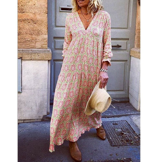 flowersverse Fashion Women Boho Deep V Neck Floral Long Maxi Dress Tunic Beach Kaftan Holiday Club Casual Loose Dresses Sundress