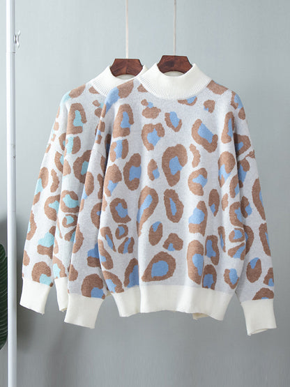 flowersverse Leopard Long Sleeves Loose Mock Neck Sweater Tops Pullovers