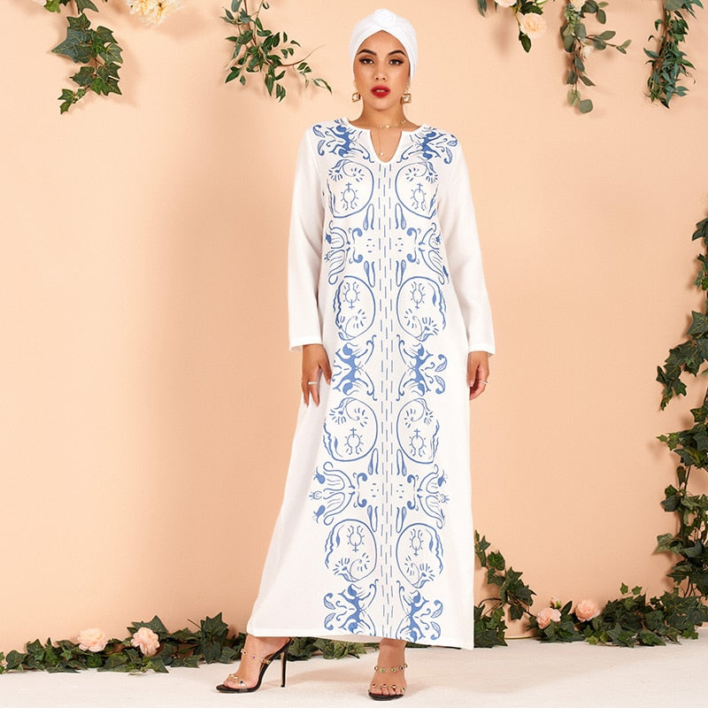 flowersverse Ladies Elegant Classical Floral Print Loose Large Size All-match Arab Dress Long Blue White Women's Dress