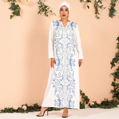 flowersverse Ladies Elegant Classical Floral Print Loose Large Size All-match Arab Dress Long Blue White Women's Dress