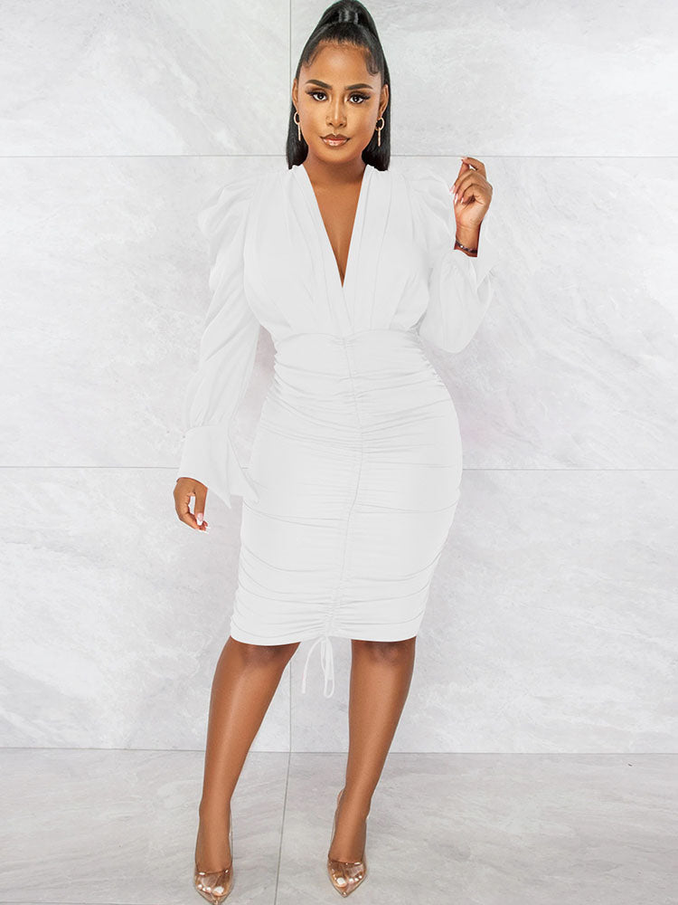 flowersverse Long Sleeve V Neck Ruched Bodycon Midi Dresses