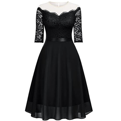 flowersverse Elegant Evening Dress Off Shoulder Sexy Half-Sleeve Lace Patchwork Chiffon Dress