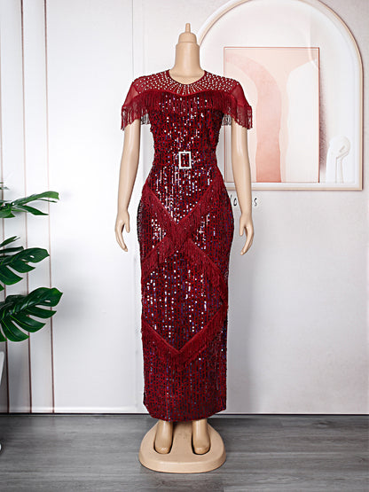 flowersverse Plus Size Women Vintage Sequin Fringe Dress