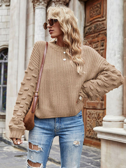 flowersverse Trendy Tops Puff Sleeves Loose Solid Color Round-Neck Sweater Tops