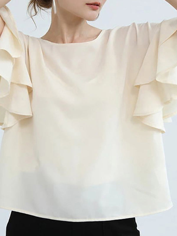 flowersverse Solid Color Flying Sleeves Loose Round-neck Blouses&shirts Tops