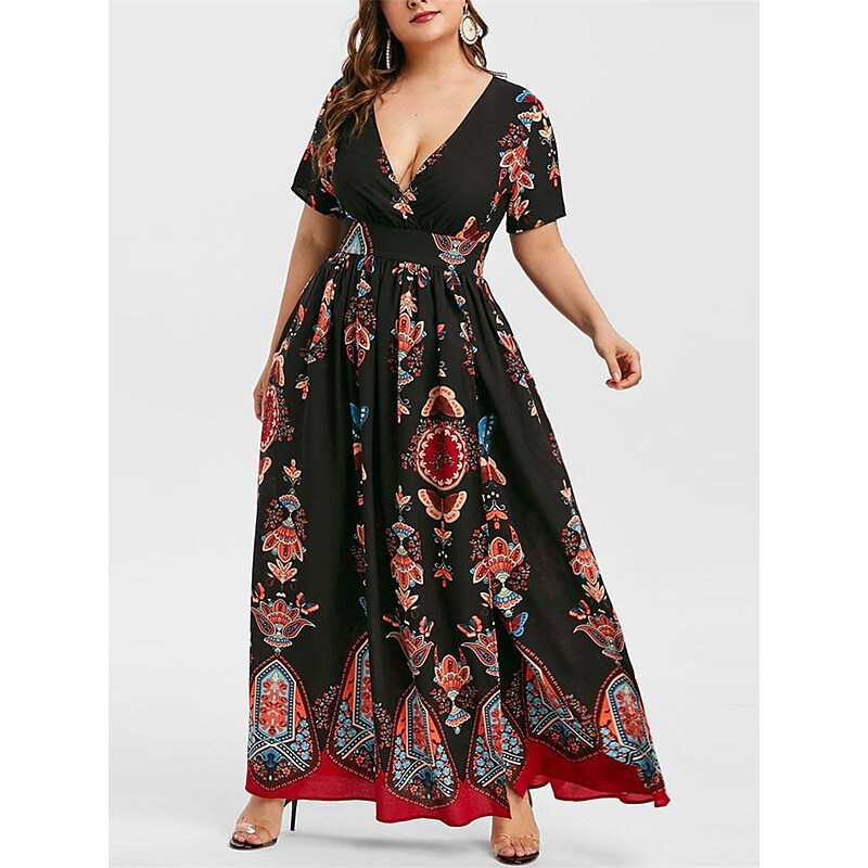 flowersverse Women's Plus Size Casual Dress A Line Dress Floral Butterfly Long Dress Maxi Dress Short Sleeve Split Print V Neck Basic Daily Black White Spring Summer XL XXL 3XL 4XL 5XL