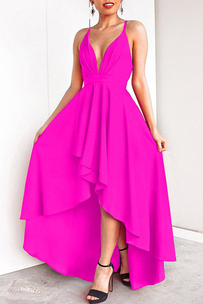 flowersverse Sexy Formal Solid Asymmetrical V Neck Dresses