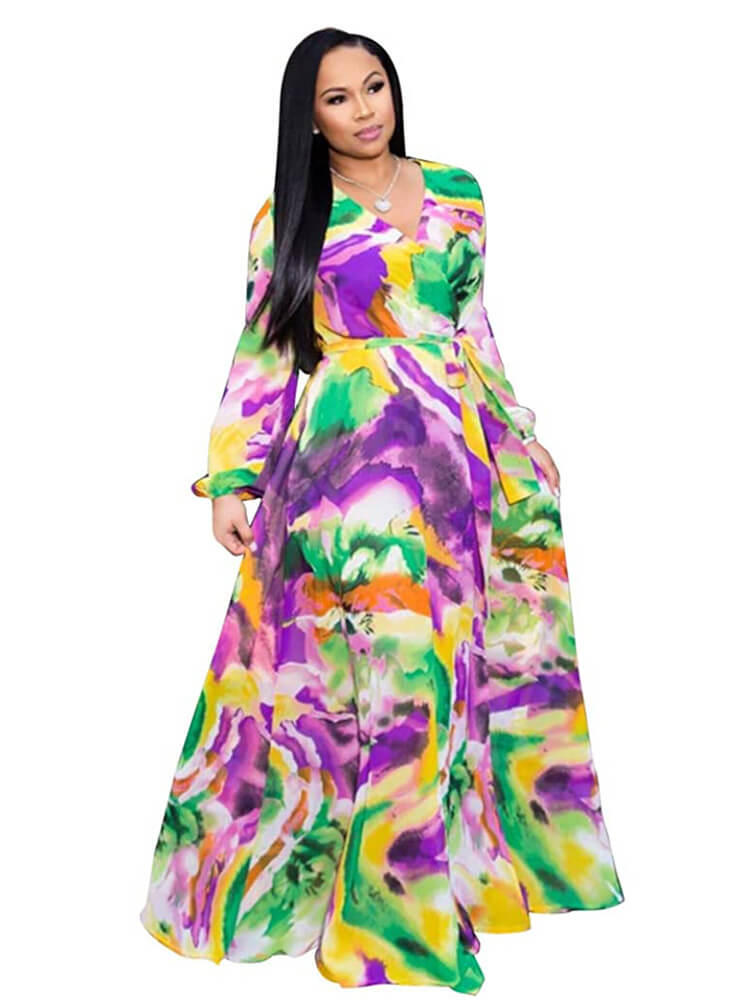 flowersverse Chiffon Floral Printed V Neck Wrap Boho Maxi Dresses