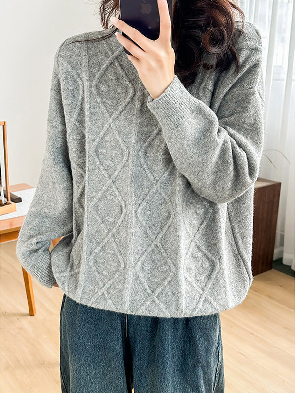 flowersverse Simple Loose Long Sleeves Jacquard Solid Color Round-Neck Sweater Tops