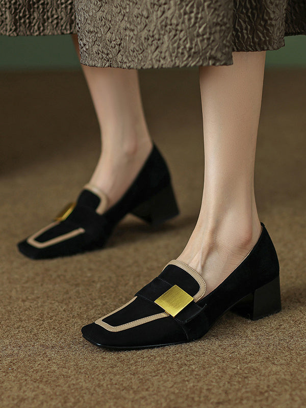 flowersverse Contrast Color Square-Toe Mid Heels Loafers