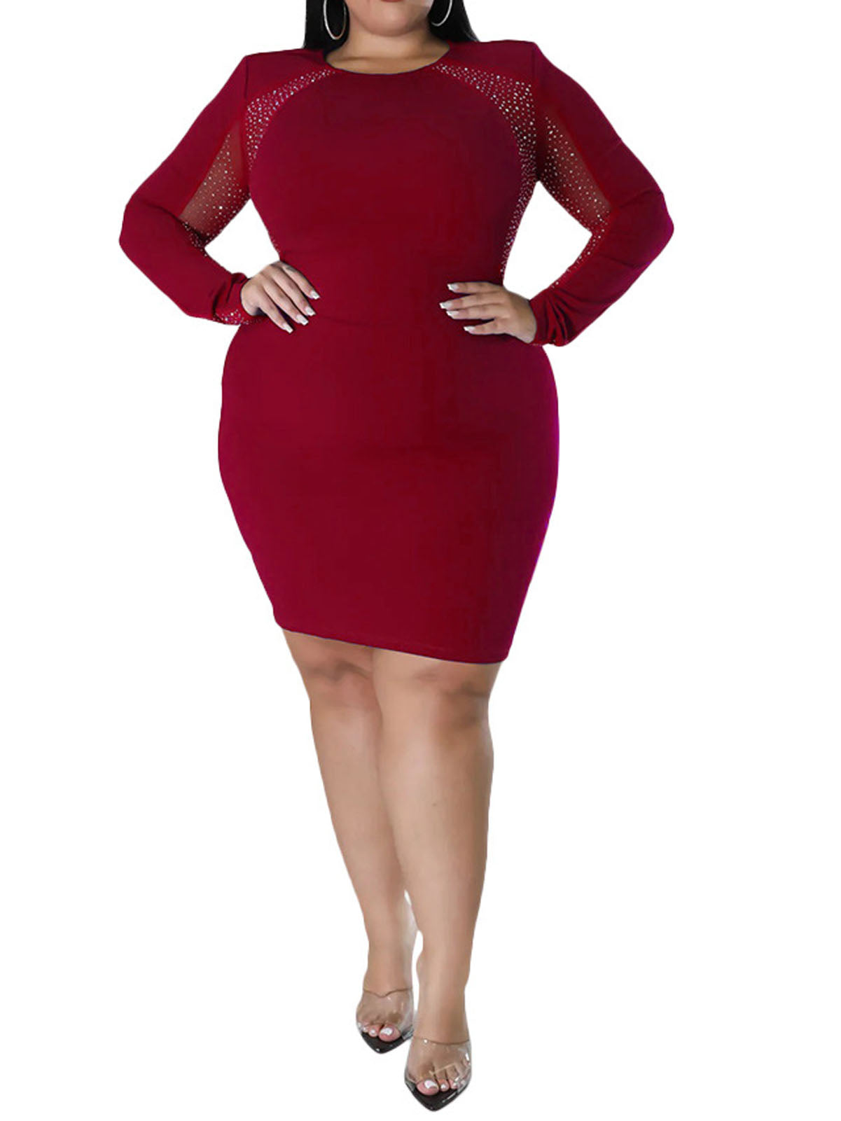 flowersverse Plus Size Long Sleeves Rhinestone Mini Dresses