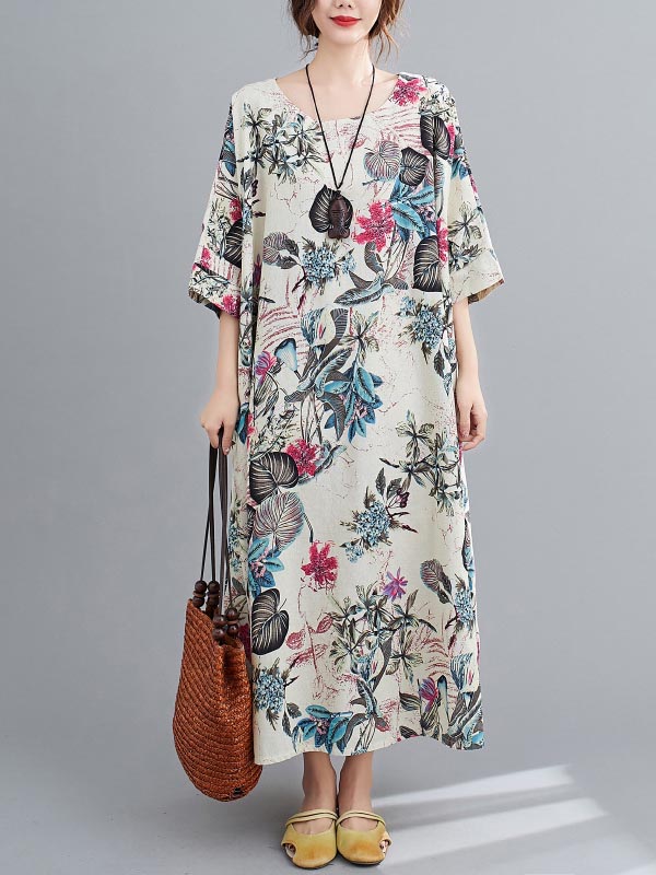 flowersverse Vintage Floral Round-Neck Dress