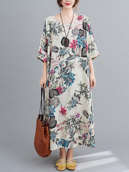 flowersverse Vintage Floral Round-Neck Dress