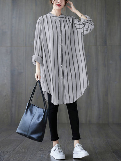 flowersverse Buttoned Striped Long Sleeves Loose Blouses&Shirts Tops