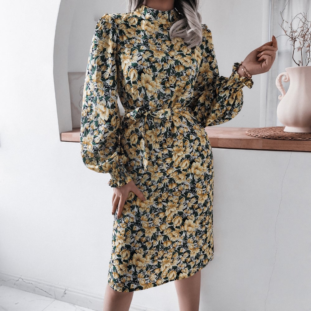 flowersverse Floral Stand Collar Lantern Long Sleeve Chiffon Dress