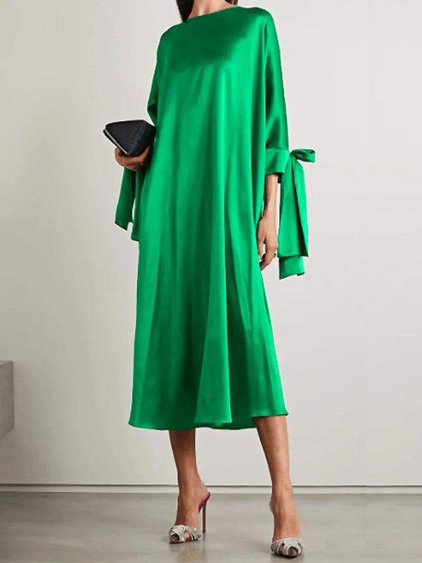 flowersverse Original Urban Bowknot Tied Sleeves Green Midi Dress