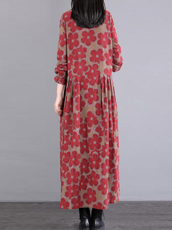 flowersverse Casual Long Sleeves Loose Floral Printed Round-Neck Midi Dresses