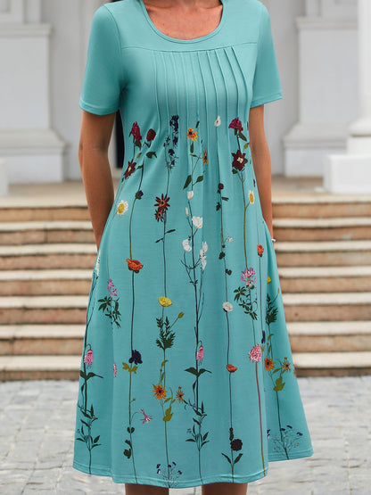 flowersverse Floral Tunic Round Neckline Midi A-line Dress