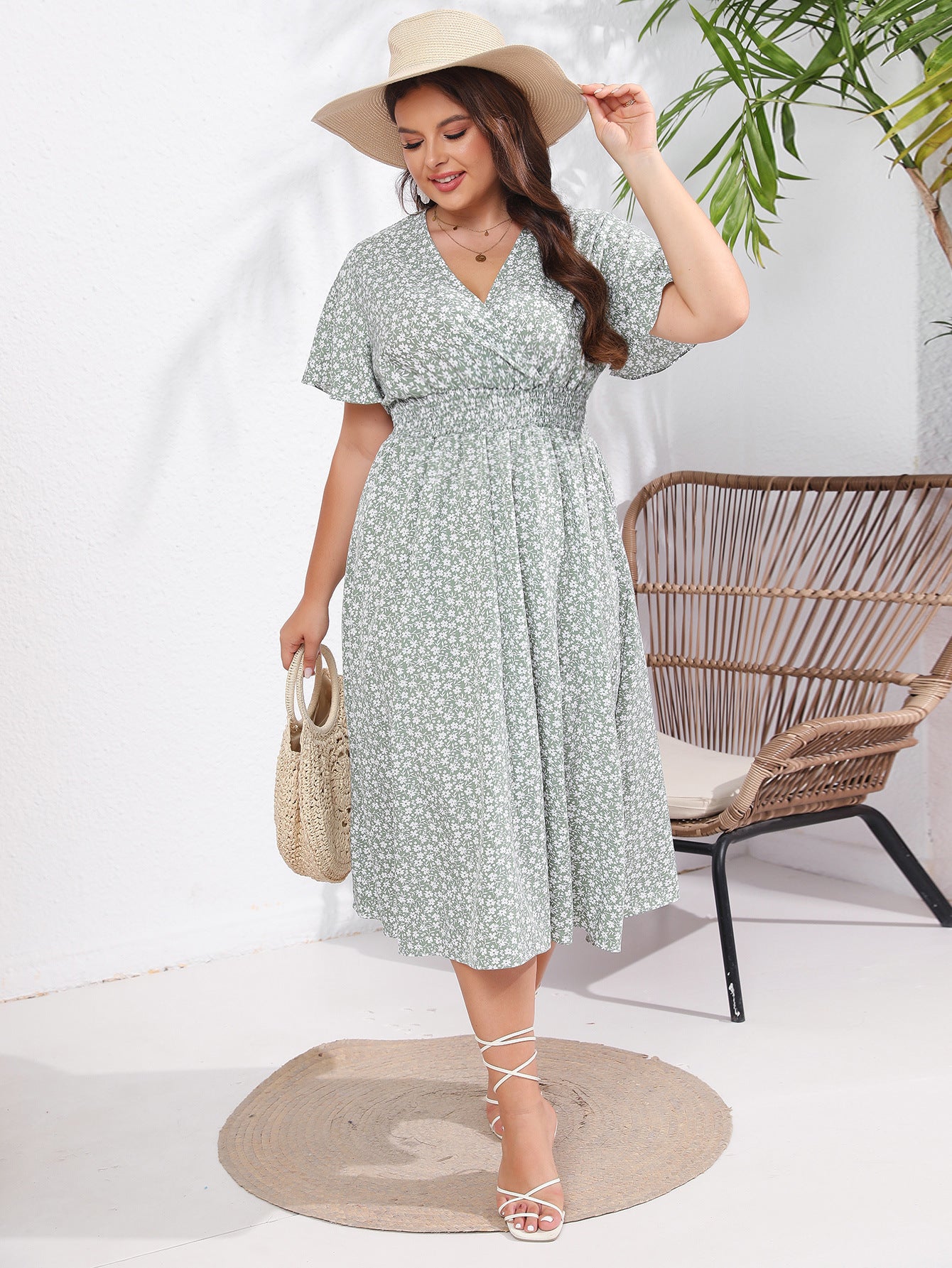 flowersverse Women's Summer Plus Size Short Sleeve V-Neck Slim Waist Print Dress