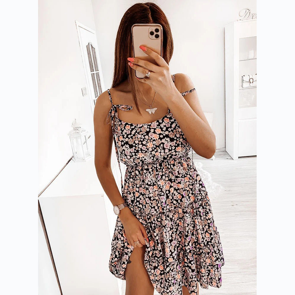 flowersverse Small Floral Digital Printing Mid Waist Fresh Sweet Strap Dress