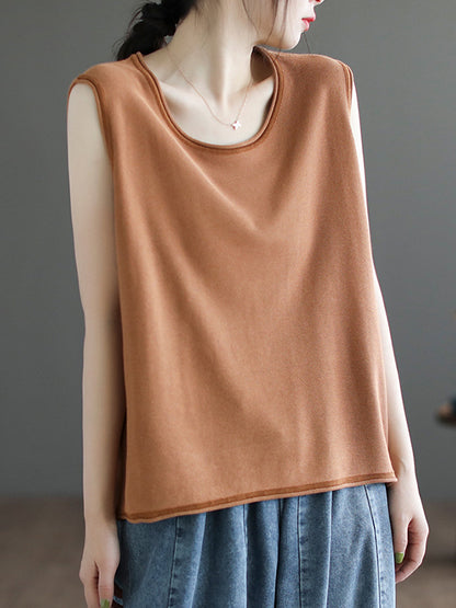 flowersverse Solid Color Loose Sleeveless Round-neck Knitting Vest Top