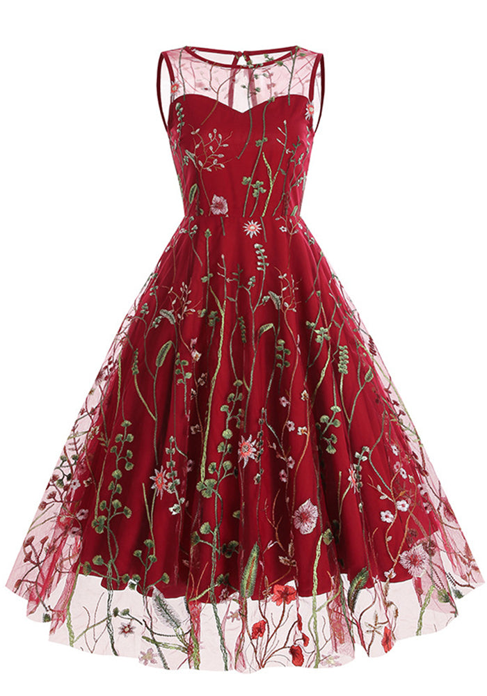 flowersverse Women Round Neck Sleeveless Embroidered Dress