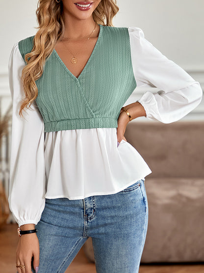 flowersverse Asymmetric Elasticity Split-Joint Long Sleeves Loose V-Neck Blouses&Shirts Tops