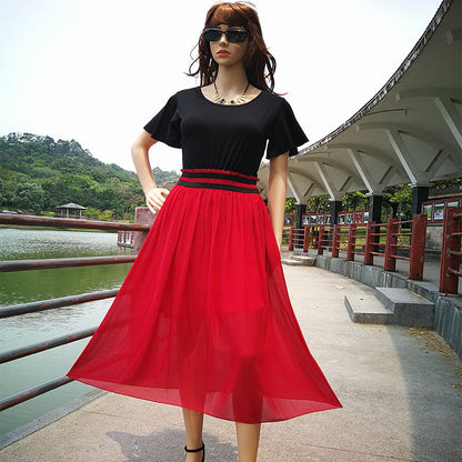 flowersverse Chiffon Stitching Color Long Skirt Large Swing Plus Size Women's Dress