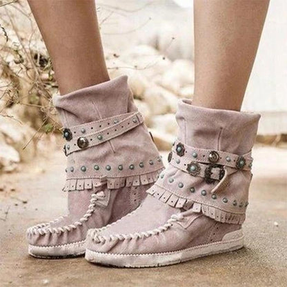 flowersverse Fashion Belt Buckles Tassel Boots