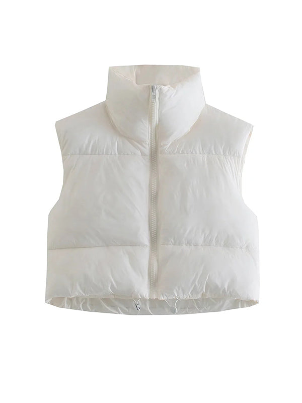 flowersverse Skinny Sleeveless Solid Color Zipper Stand Collar Padded Vest Vest Top