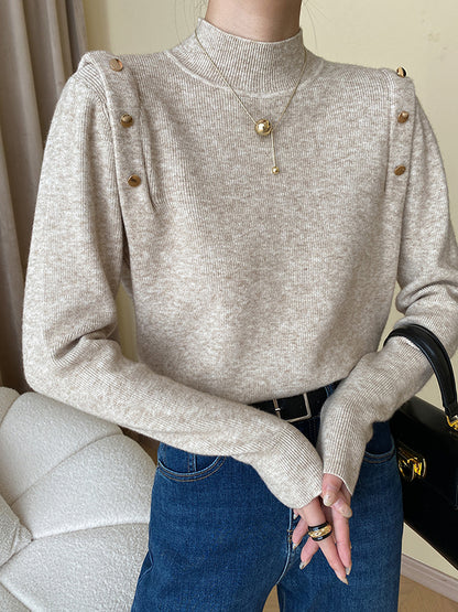 flowersverse Buttoned Split-Joint Long Sleeves High-Neck Sweater Tops