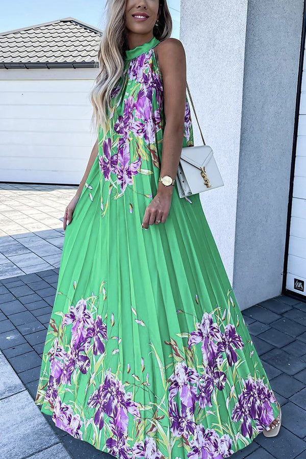 flowersverse Life In Floral Pleated Halter Neck Maxi Dress