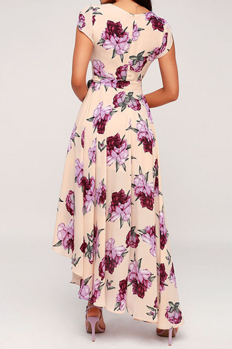 flowersverse Elegant Floral Frenulum With Belt Irregular Dress Dresses