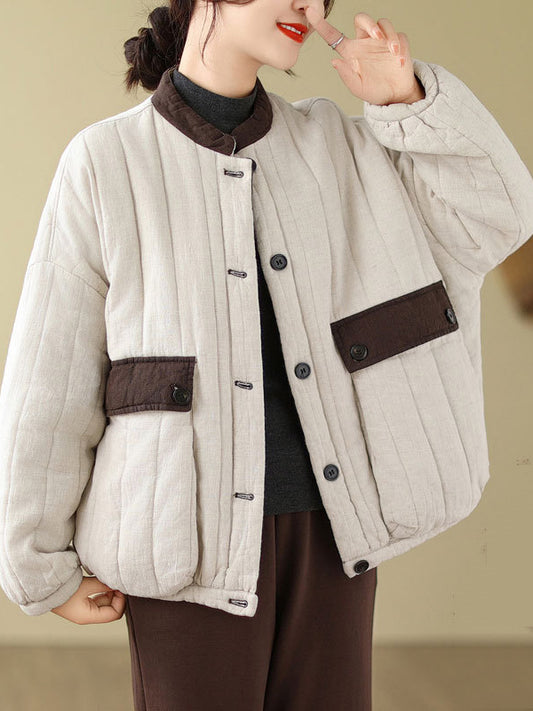 flowersverse Buttoned Pockets Quilted Split-Joint Long Sleeves Loose Round-neck Padded Coat