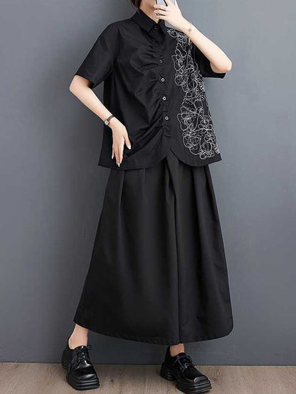 flowersverse Buttoned Embroidered Pleated Irregularity Loose Lapel Collar Blouses&Shirts Tops