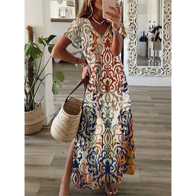 flowersverse Women's Casual Dress Shift Dress Long Dress Maxi Dress Khaki Short Sleeve Floral Split Spring Summer V Neck Vacation  S M L XL XXL 3XL