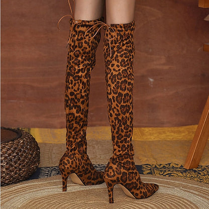 flowersverse Autumn Boots  Women's Boots Heel Boots Daily Over The Knee Boots Winter High Heel Pointed Toe Leopard Tiger Leopard White leopard Tiger pattern